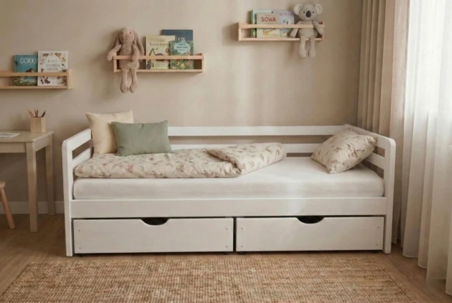 w ciągu dnia barierka zabezpieczająca może być zdjęta i dziecko może użytkować łóżko do zabawy