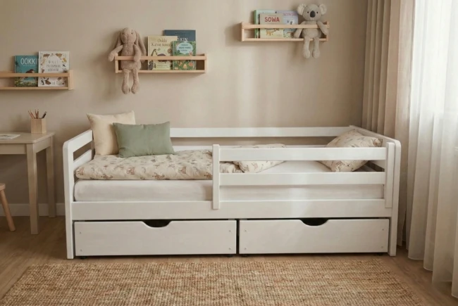 białe łóżko dla dziecka 5-10 lat widok na wprost z barierką