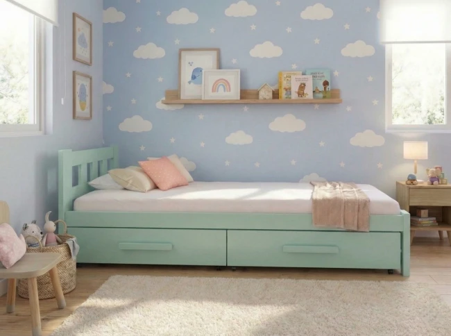 Drewniane łóżko dla chłopca Paweł Premium z litej sosny, wyposażone w barierkę ochronną i dwie pojemne szuflady na pościel, w aranżacji pokoju dziecięcego.