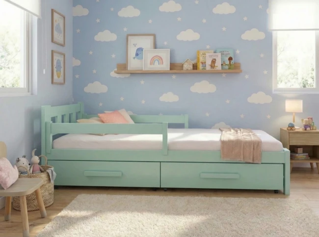 Klasyczne, jednoosobowe łóżko dziecięce Paweł Premium wykonane z bezsękowego drewna sosnowego z widocznym zagłówkiem i wysuniętą szufladą.