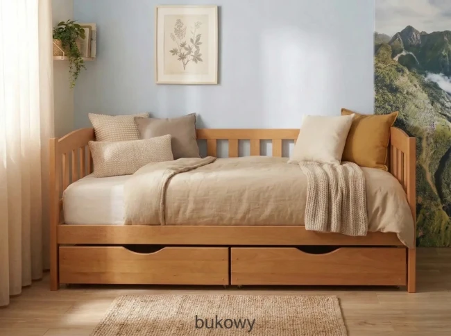 nowoczesne łóżeczko dla dziecka dwuletniego  Beti Premium łóżko z drewna w kolorze buk widok ze zdjętą barierką