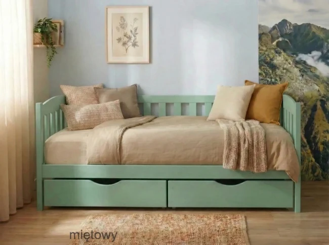 Łóżko dla dziecka w kolorze miętowym Beti Premium widok z przodu zdjęta barierka