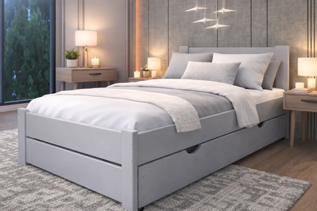 Wysokie łóżko dla nastolatka 120x200  szarą ramą i wysokim materacem