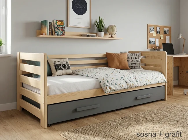Dwukolorowe łóżko dla nastolatka Jan Premium rama sosna szuflady grafit loft