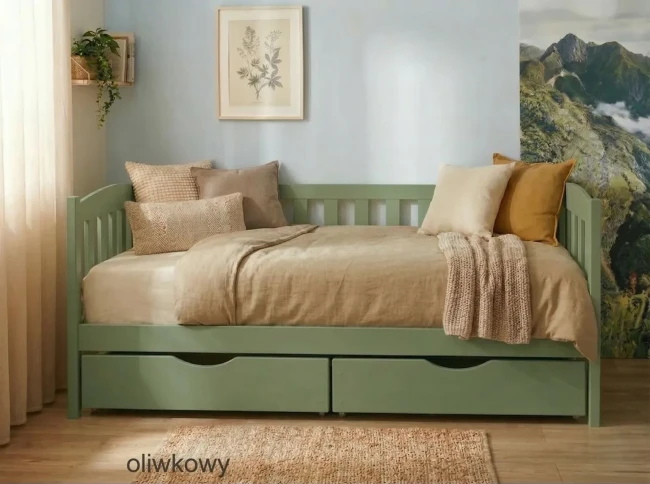 Łóżko dla dziecka w kolorze oliwkowym styl skandynawski drewno sosnowe