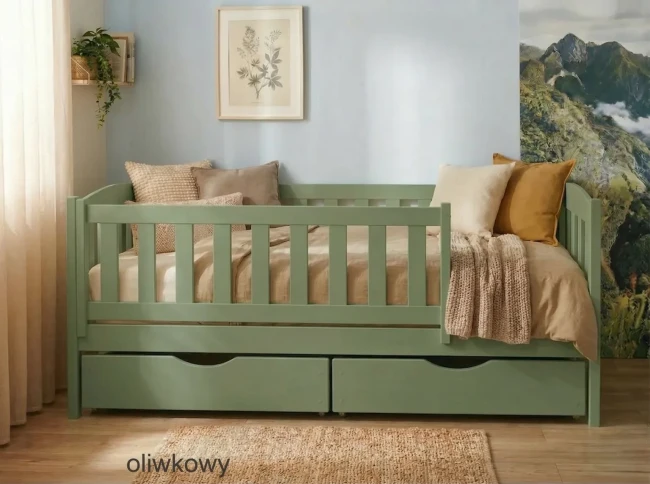Uniwersalne oliwkowe łóżko jednoosobowe Beti do pokoju chłopca i dziewczynki