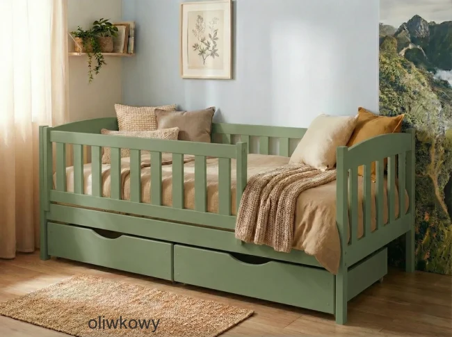 Przytulny kącik do spania z oliwkowym łóżkiem Beti Premium i barierką