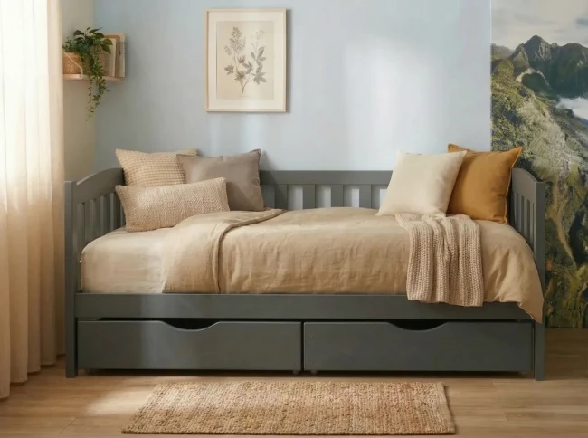 Jednoosobowe łóżko dziecięce szary grafit z drewna sosnowego z barierą