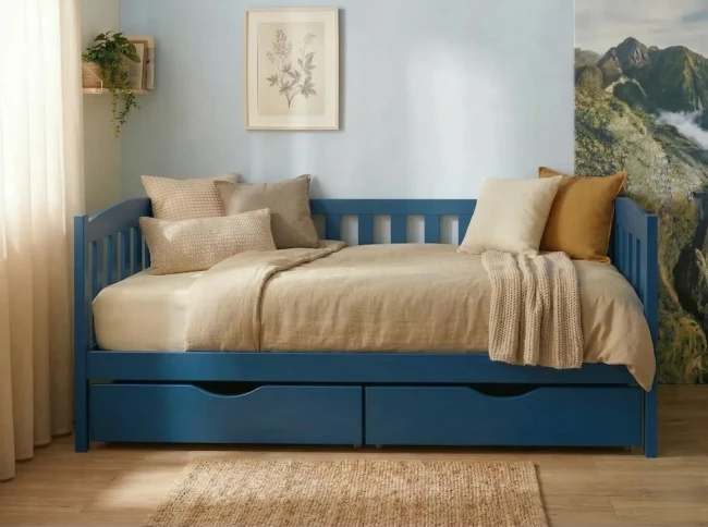 Granatowe łóżko dla dziecka Beti ze zdejmowaną barierką Valor Meble