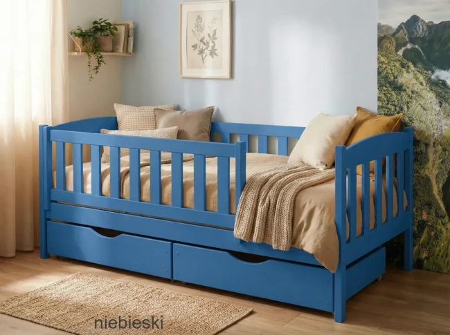 Drewniane łóżko dla dzieci malowane na niebiesko Beti Premium