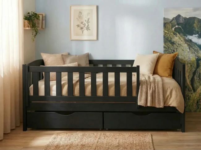 Czarne łóżko dla dziecka z bezpieczną zdejmowaną barierką Valor Meble