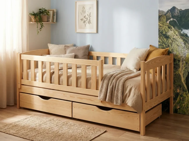 łóżko dziecięce Montessori Beti Premium z naturalnej sosny, bezpieczne dla malucha, wysokie zabezpieczenia, ochronna barierka