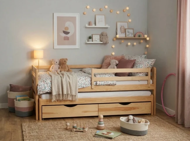 łóżko dla rodzeństwa Jasio Premium to dwa pełnowymiarowe spania na powierzchni jednego łóżka kolor sosna