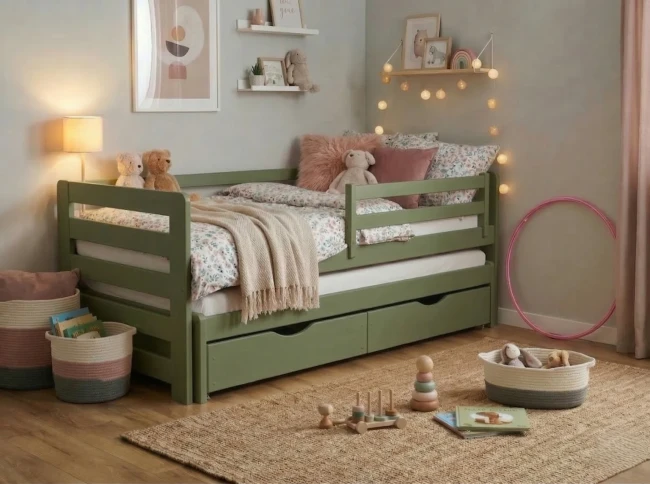 Łóżko dla rodzeństwa Jasio Premium Military Green – Podwójne łóżko wysuwane 200x90