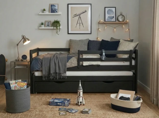 Czarne łóżko Jasio Premium z dodatkowym wysuwanym spaniem