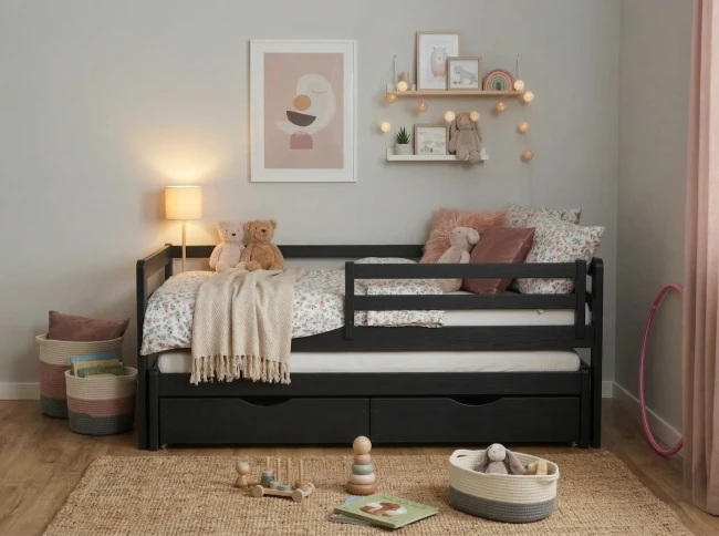 Solidna barierka ochronna w czarnym łóżku dla dzieci Jasio Premium