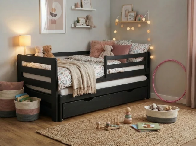 Czarne łóżko dla rodzeństwa Jasio Premium z wysuwanym dolnym spaniem Jasio Premium