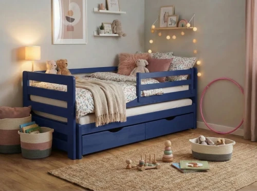 Granatowe łóżko podwójne Jasio  Premium dla 8-latka