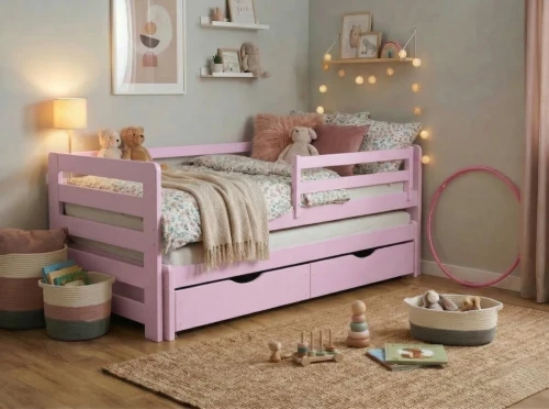 Pastelowe różowe łóżko dla dziewczynki Jasio Premium z drewna sosnowego