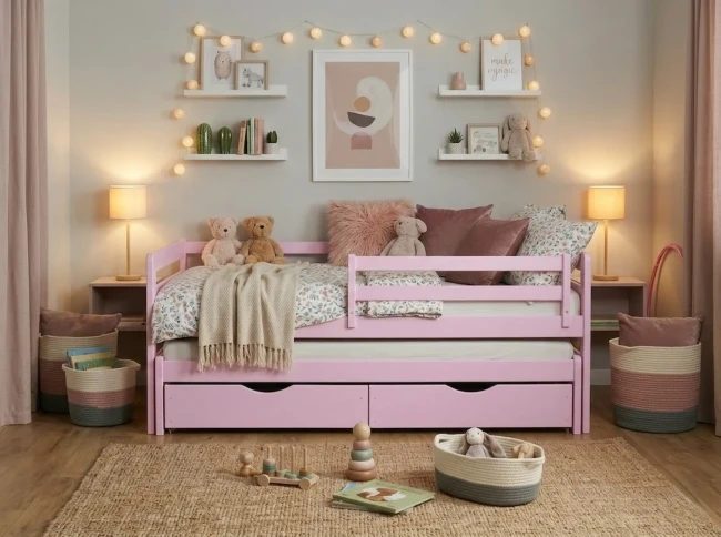 Podwójne łóżko wysuwane dla dziewczyn Jasio Premium kolor różowy pastel