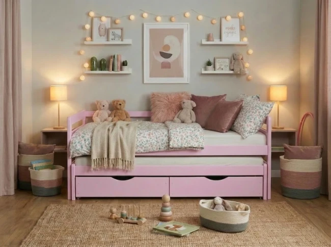 Aranżacja pokoju dziewczęcego z różowym łóżkiem drewnianym Jasio Premium"