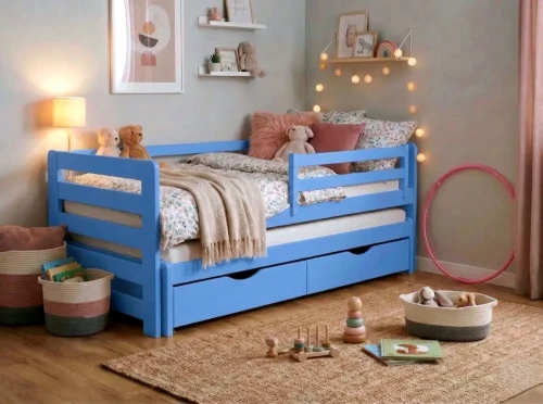 Niebieskie łóżko podwójne dla chłopca Jasio Premium z drewna sosnowego