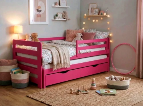 Różowe łóżko podwójne dla sióstr Jasio Premium  z funkcją wysuwania dolnego spania