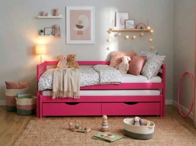 Drewniane łóżko dla dwóch dziewczynek w kolorze różowym model Jasio
