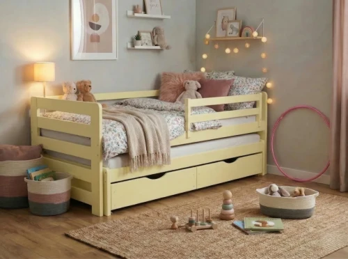 Pastelowo żółte łóżko składane dla dziecka Jasio z litego drewna