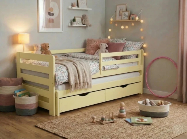 Pastelowo żółte łóżko składane dla dziecka Jasio z litego drewna