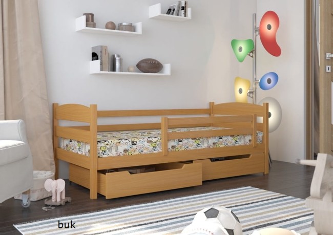 łóżko jednoosobowe Julia Premium z drewna sosnowego od producenta Valor Meble z szufladami i barierka mobilną kolor buk.jpg