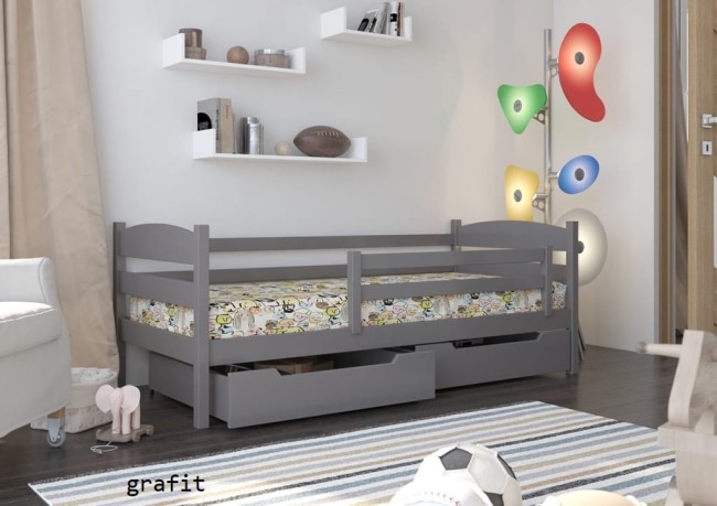 łóżko 1-osobowe Julia Premium z drewna sosnowego od producenta Valor Meble z szufladami i barierka mobilną kolor grafit.jpg