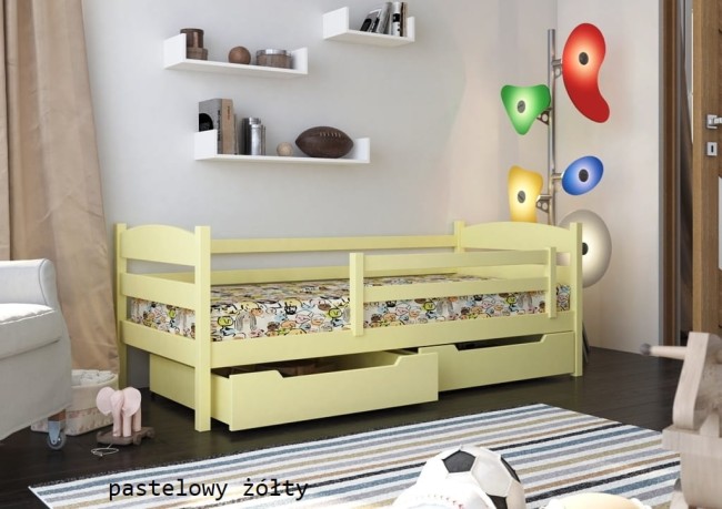 łóżko dla jednego dziecka Julia Premium z drewna sosnowego od producenta Valor Meble z szufladami i barierka mobilną kolor pastelowy  żółty.jpg