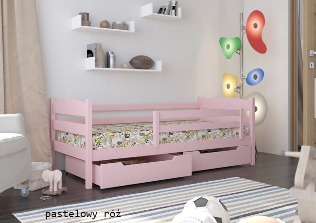łóżko pojedyncze Julia Premium z drewna sosnowego od producenta Valor Meble z szufladami i barierka mobilną kolor pastelowy róż.jpg