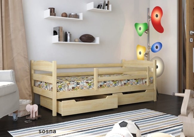 łóżko jednosobowe Julia Premium z drewna sosnowego od producenta Valor Meble z szufladami i barierka mobilną kolor naturalny sosna.jpg