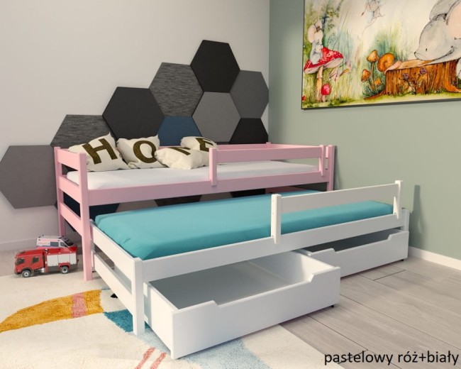 łóżko Wysuwane Maxi Premium -dla-dwojki-dzieci-z-barierkami od producenta Valor Meble kolorowy z szufladami.jpg