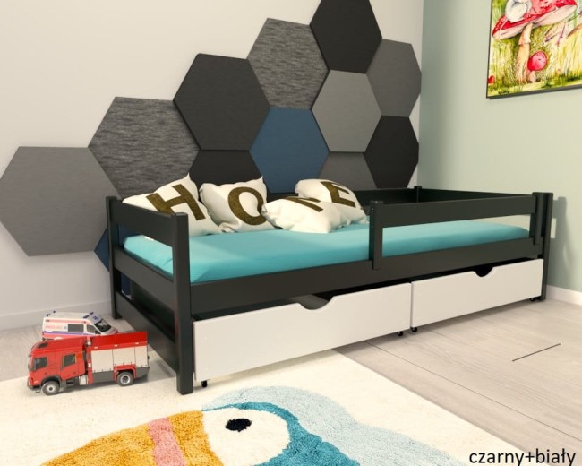 czarno-białe łóżko dziecięce z barierką Mini Premium pojedyncze z szufladami od producenta Valor Meble z drewna sosnowego kolor.jpg