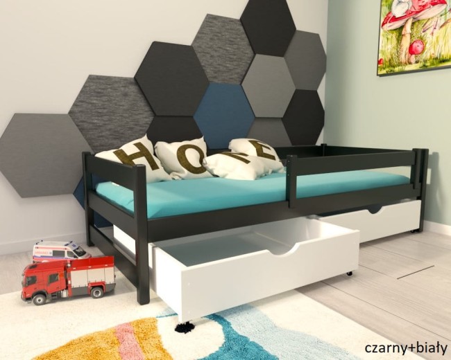 łóżko dziecięce z barierką do wyboru Mini Premium pojedyncze z szufladami od producenta Valor Meble klasyczne kolor czarny i biały.jpg