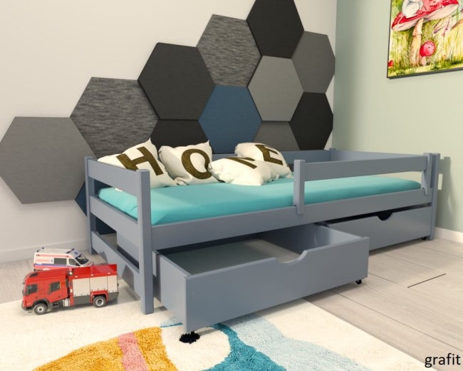 łóżko dla dzieci z barierką Mini Premium pojedyncze z szufladami od producenta Valor Meble klasyczne kolor grafit.jpg