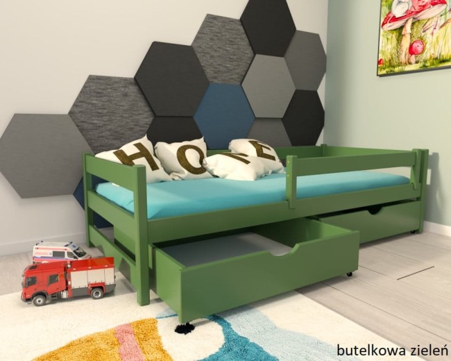 łóżko Mini Premium pojedyncze z szufladami od producenta Valor Meble z drewna sosnowego kolor butelkowa zieleń.jpg