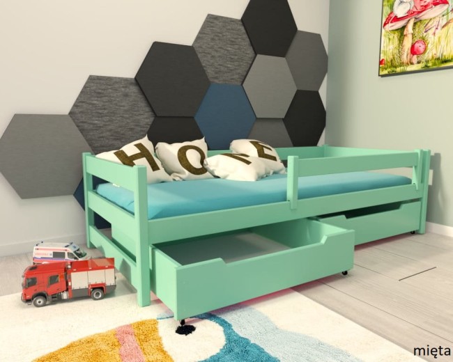 łóżko dziecięce z barierką Mini Premium pojedyncze z szufladami od producenta Valor Meble z drewna sosnowego kolor mięta.jpg
