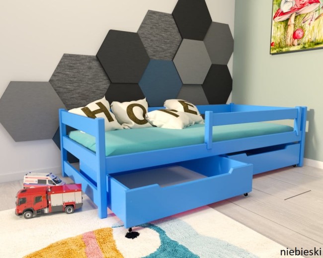 łóżko Mini Premium pojedyncze z szufladami od producenta Valor Meble z drewna sosnowego kolor niebieski.jpg