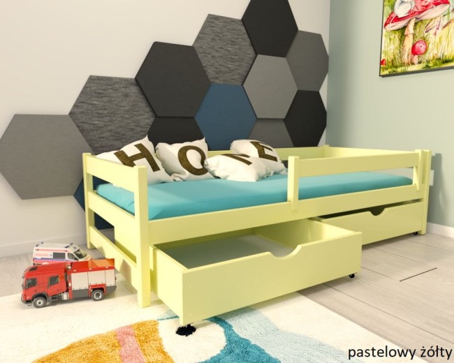 łóżko dla dzieci z barierką Mini Premium pojedyncze z szufladami od producenta Valor Meble z drewna sosnowego kolor pastelowy żółty.jpg