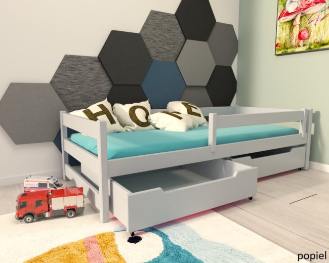 łóżko dziecięce Mini Premium pojedyncze z szufladami od producenta Valor Meble z drewna sosnowego kolor popiel.jpg