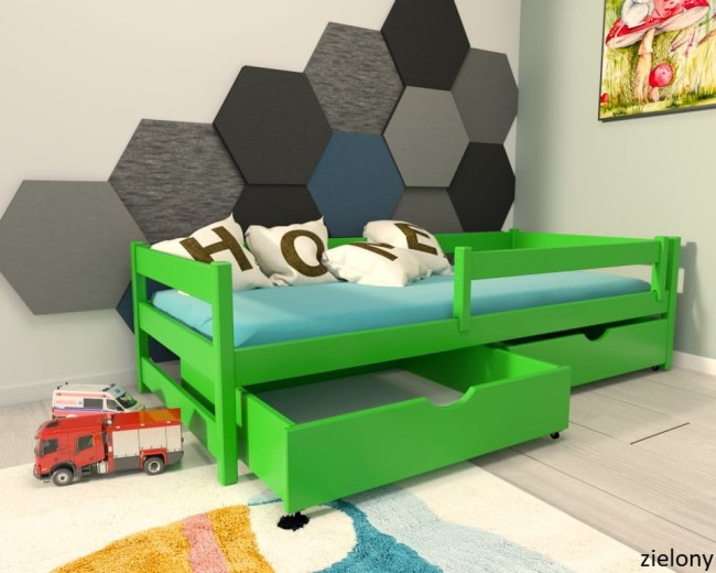 łóżko dziecięce z drewna z barierką Mini Premium pojedyncze z szufladami od producenta Valor Meble z drewna sosnowego kolor zielony.jpg