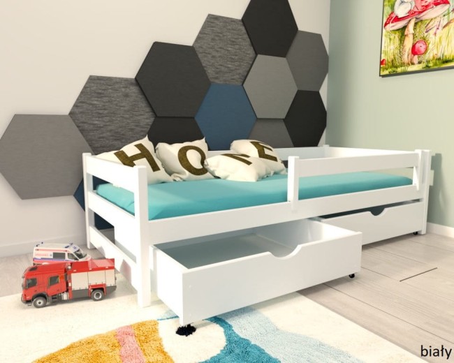 łóżko dla dzieci z barierką Mini Premium pojedyncze z szufladami od producenta Valor Meble z szufladami klasyczne kolor biały.jpg