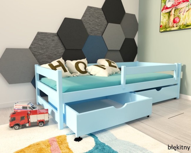 łóżko  dla dziecka z barierką Mini Premium pojedyncze z szufladami od producenta Valor Meble z szufladami klasyczne kolor błękitny.jpg