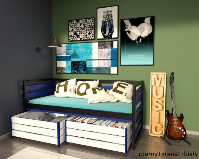 łóżko młodzieżowe Gilbert Premium dla nastolatka od z drewna sosnowego od producenta Valor Meble kolor biały czarny i granatowy.jpg