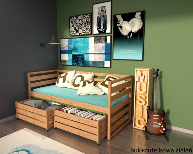 łóżko młodzieżowe Gilbert Premium dla nastolatka od z drewna sosnowego od producenta Valor Meble kolor buk i butelkowa zieleń.jpg