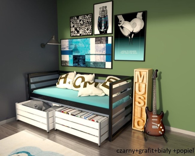 łóżko młodzieżowe Gilbert Premium dla nastolatka od z drewna sosnowego od producenta Valor Meble kolor czarny grafit i białe szuflady z popielem.jpg